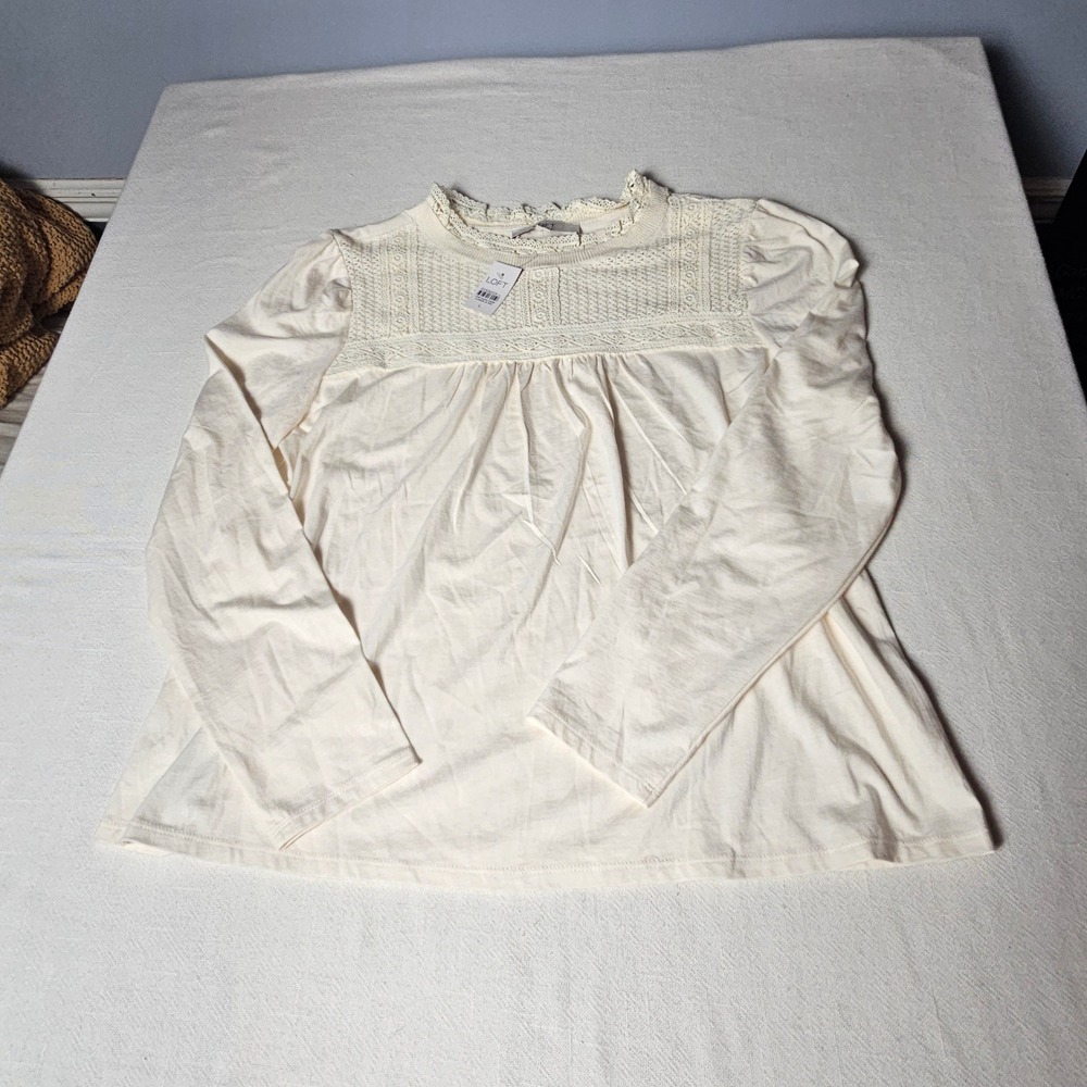 LOFT Cream Ivory Crochet Lace Yoke Ruffle Neck Long Sleeve Blouse Top Large NEW